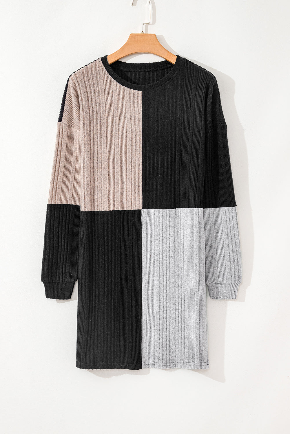 Black Color Block Drop Shoulder Rib Knit Mini Dress
