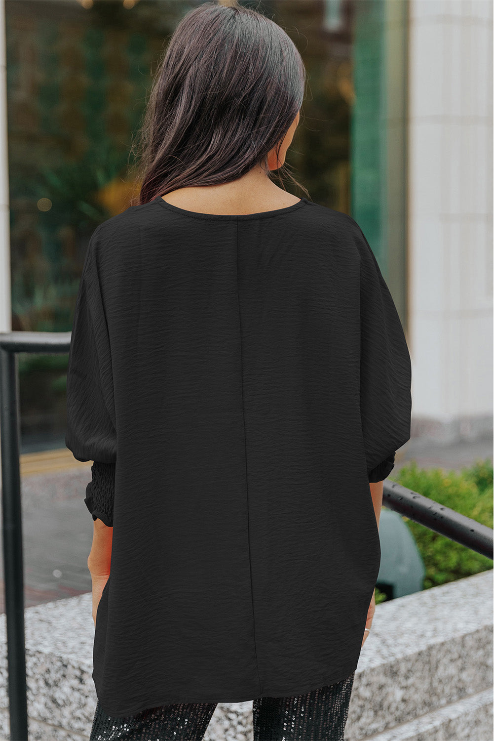Black Solid Shirred Cuffs Short Swing Dress