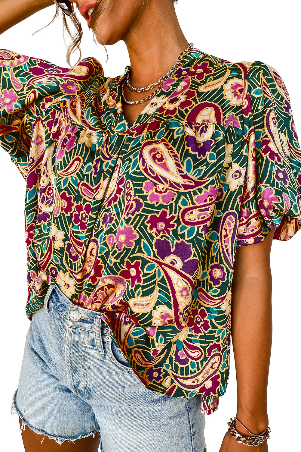 Green Paisley Print Flutter Sleeve Tiered Ruffle Dress