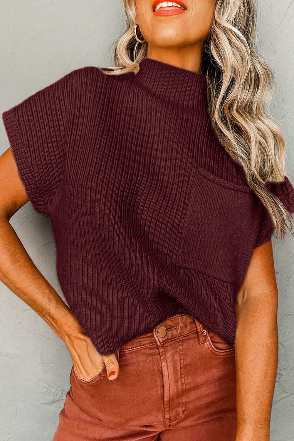 Blackish Green Patch Pocket Ribbed Knit Short Sleeve Sweater Dress