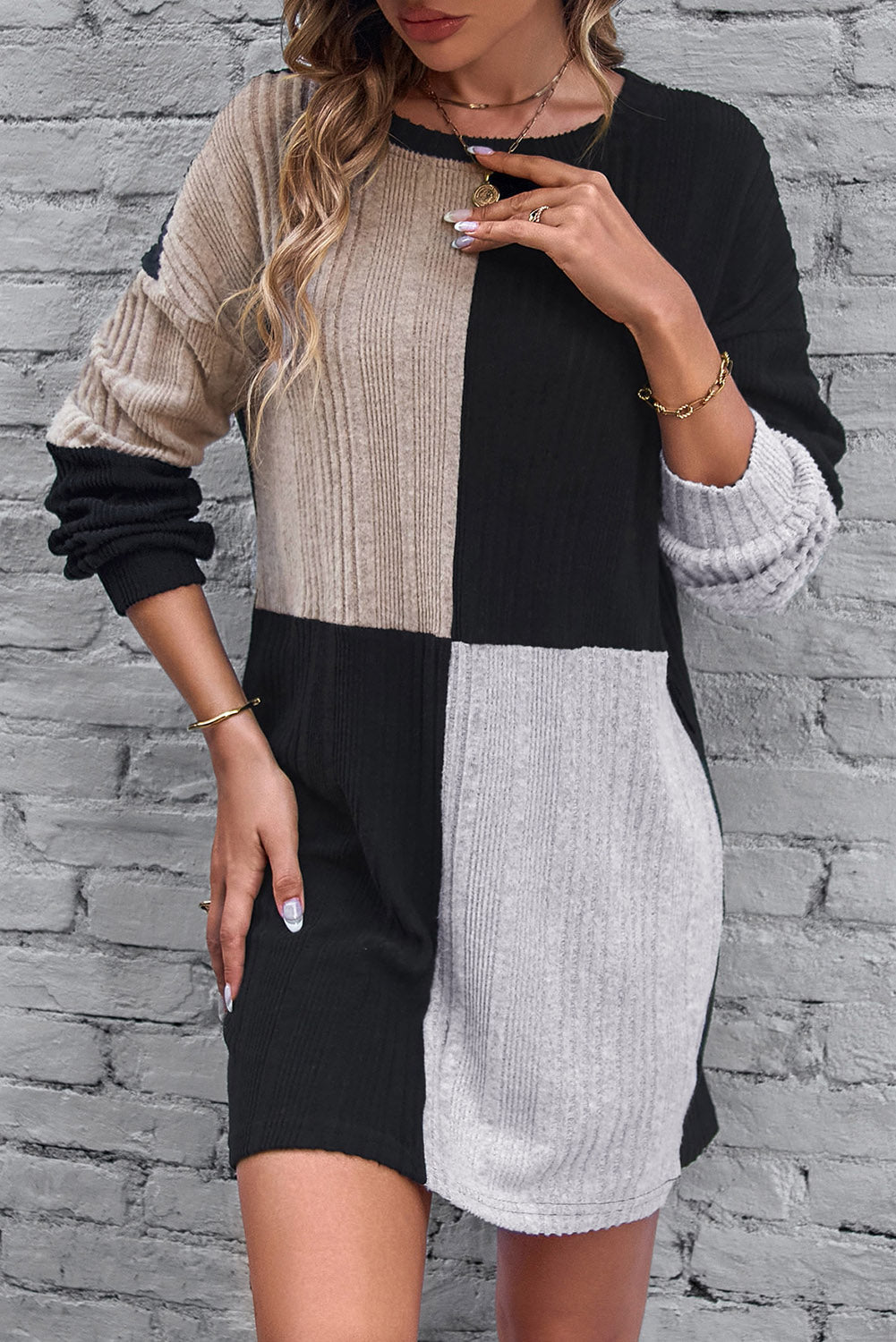 Black Color Block Drop Shoulder Rib Knit Mini Dress