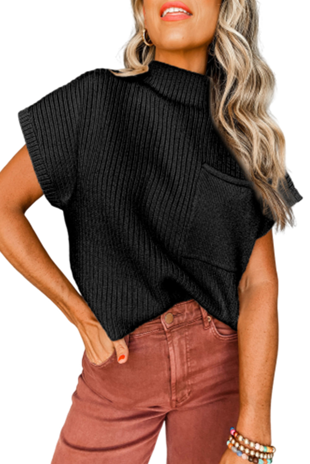 Blackish Green Patch Pocket Ribbed Knit Short Sleeve Sweater Dress