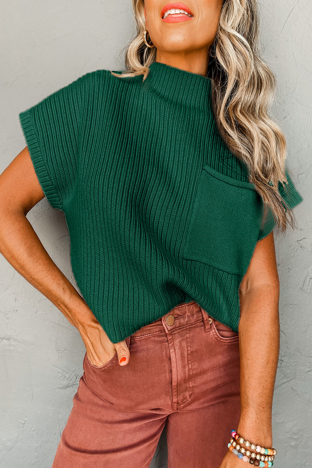 Blackish Green Patch Pocket Ribbed Knit Short Sleeve Sweater Dress