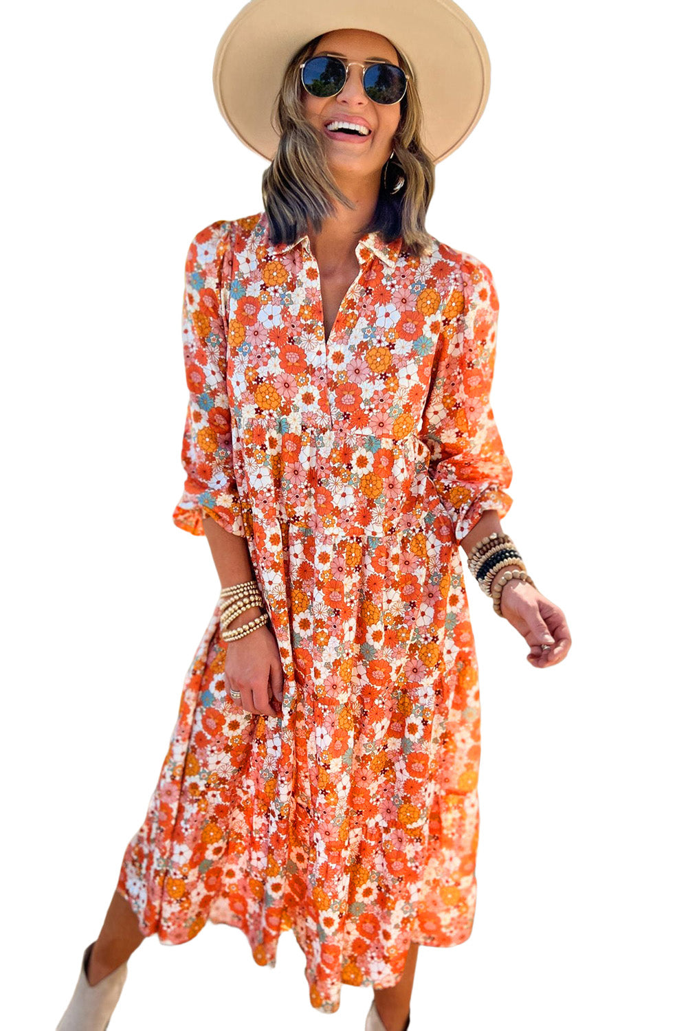 Yellow Boho Floral Collared Long Sleeve Ruffled Dress