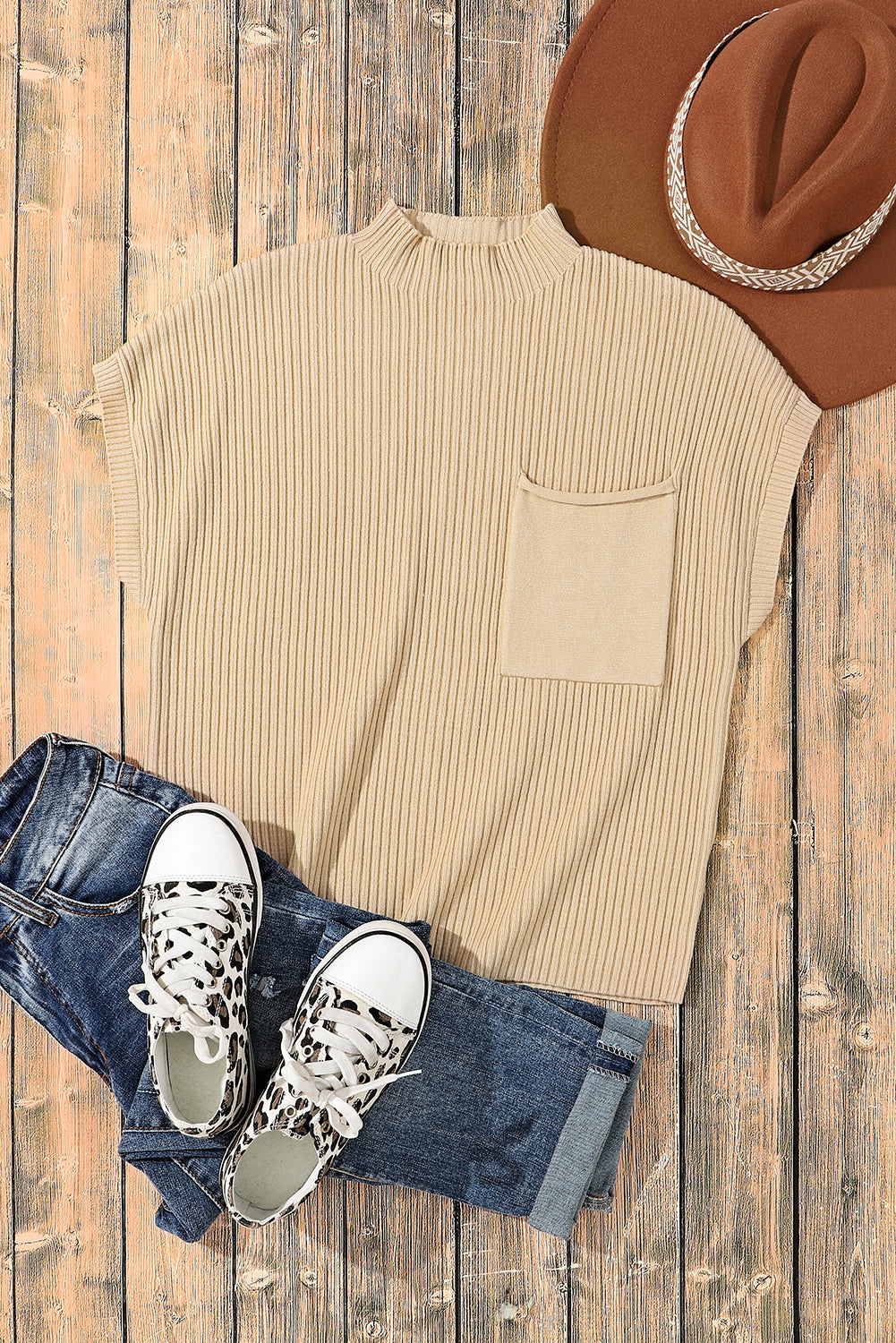 Blackish Green Patch Pocket Ribbed Knit Short Sleeve Sweater Dress