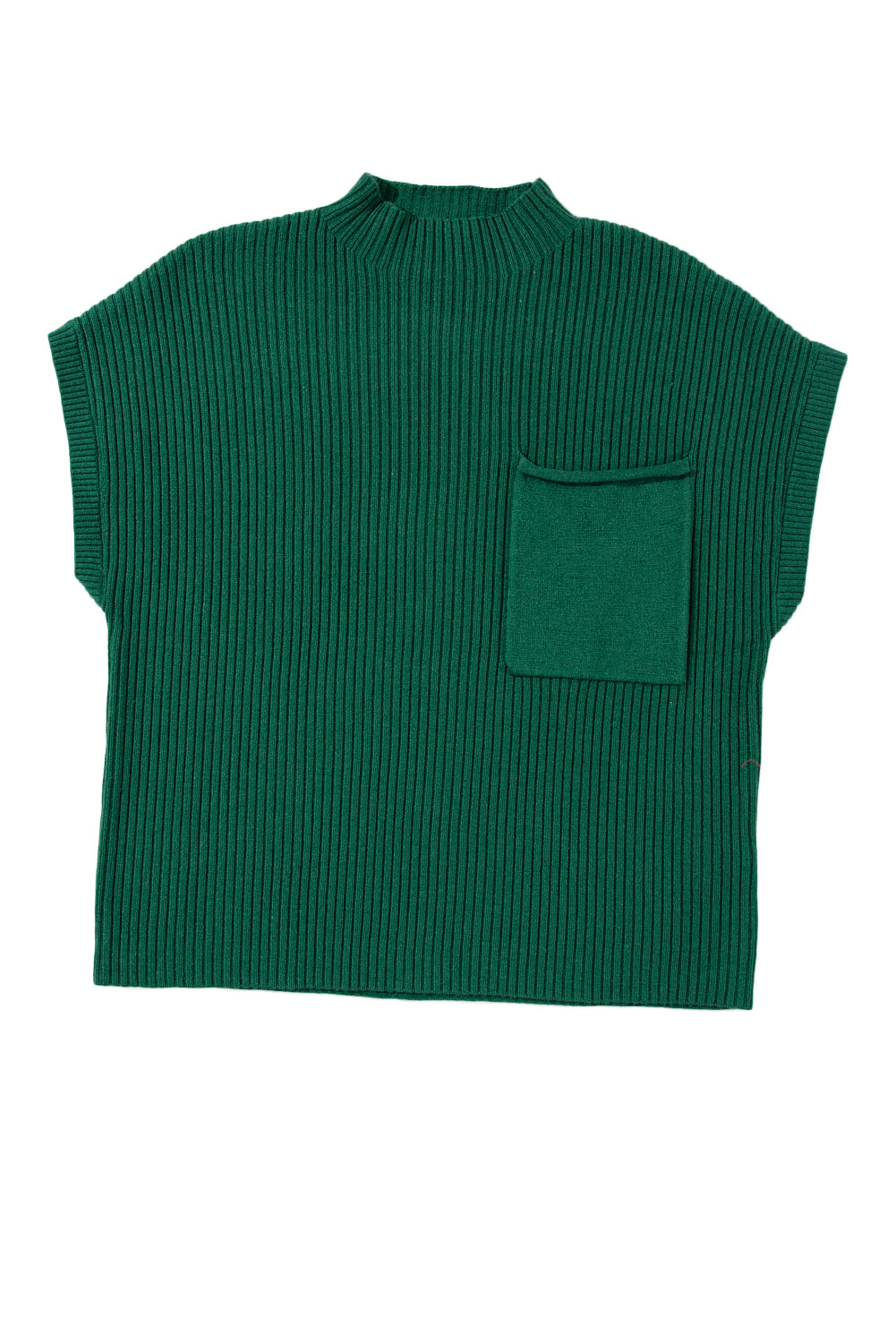 Blackish Green Patch Pocket Ribbed Knit Short Sleeve Sweater Dress