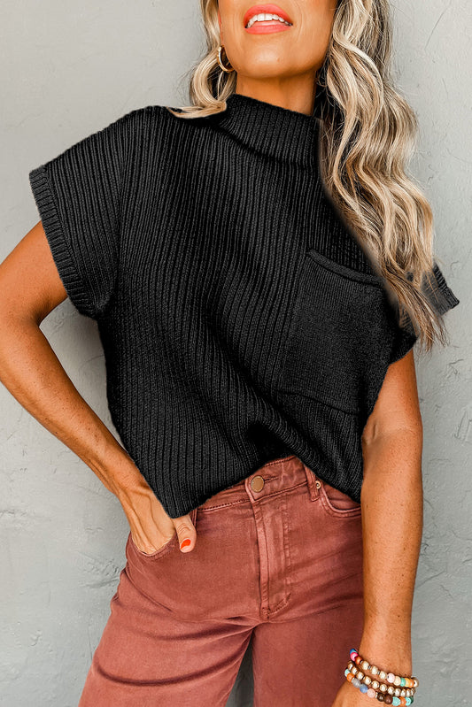 Blackish Green Patch Pocket Ribbed Knit Short Sleeve Sweater Dress