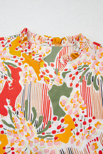 Multicolour Split Neck Puff Sleeve Flowy Printed Dress