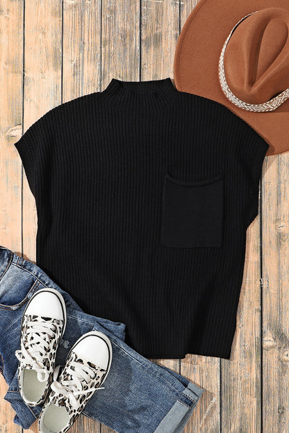 Blackish Green Patch Pocket Ribbed Knit Short Sleeve Sweater Dress