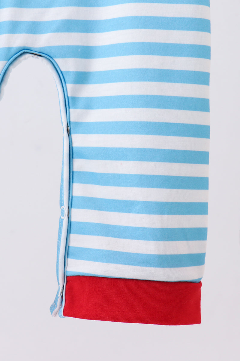 Blue character embroidery stripe romper