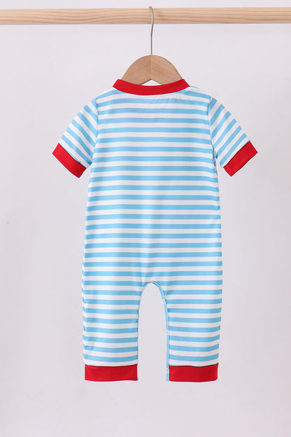 Blue character embroidery stripe romper