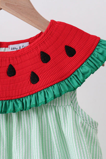 Green watermelon seersucker smocked ruffle dress