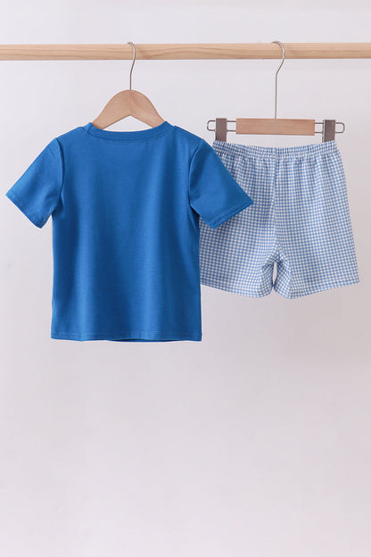 Blue character smocked gingham shorts set