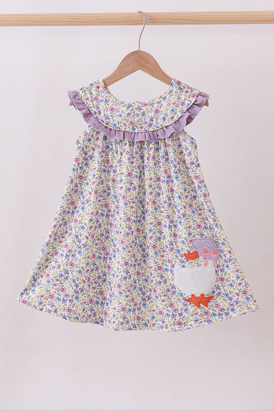 Purple floral goose applique ruffle dress