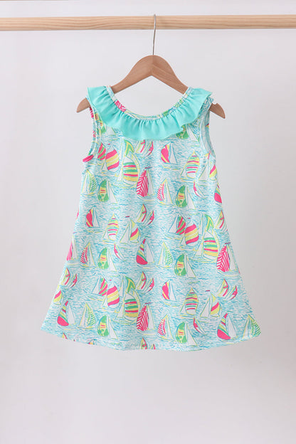 Blue sailboat print ruffle dress