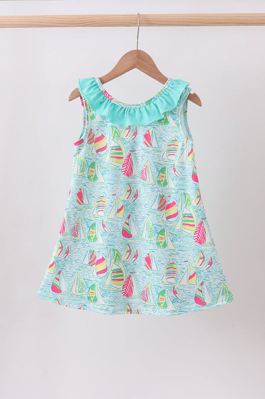 Blue sailboat print ruffle dress
