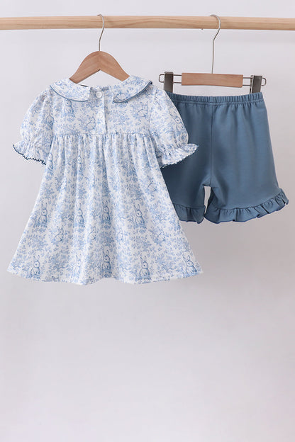 Navy bunny embroidery floral peter pan collar shorts set