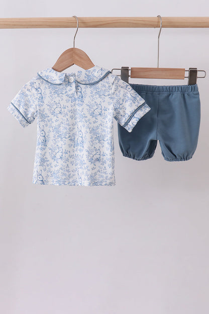 Navy bunny embroidery peter pan collar bloomer set