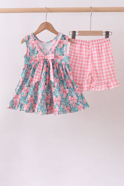 Pink floral mommy's girl embroidery ruffle gingham shorts set