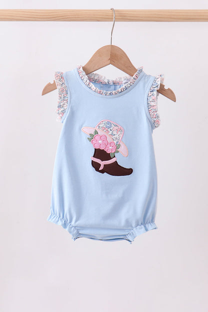 Blue floral boot applique ruffle bubble