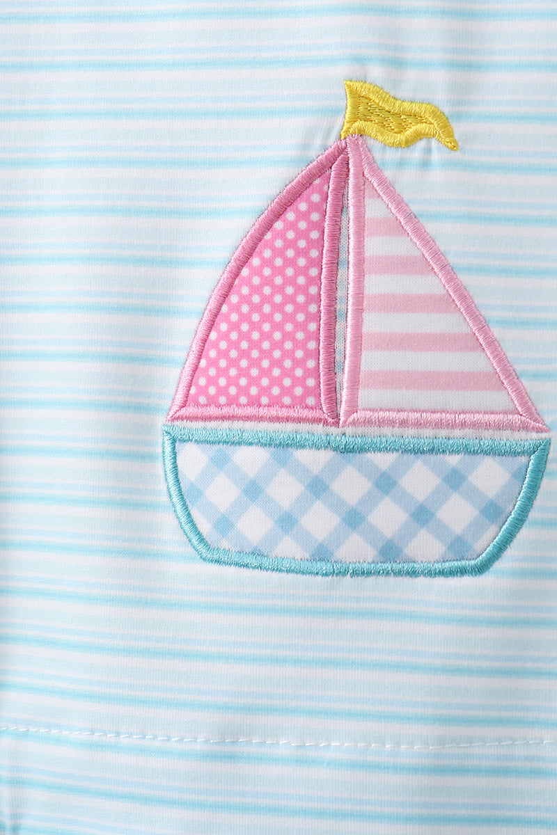 Blue sailboat applique ruffle shorts set
