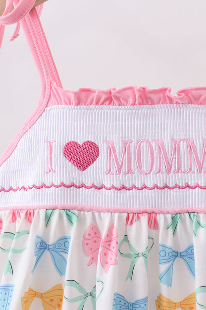 Pink bow I love MOMMY smocked ruffle dress
