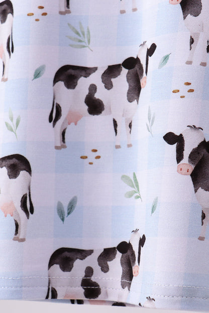 Blue cow print bamboo gingham shorts set