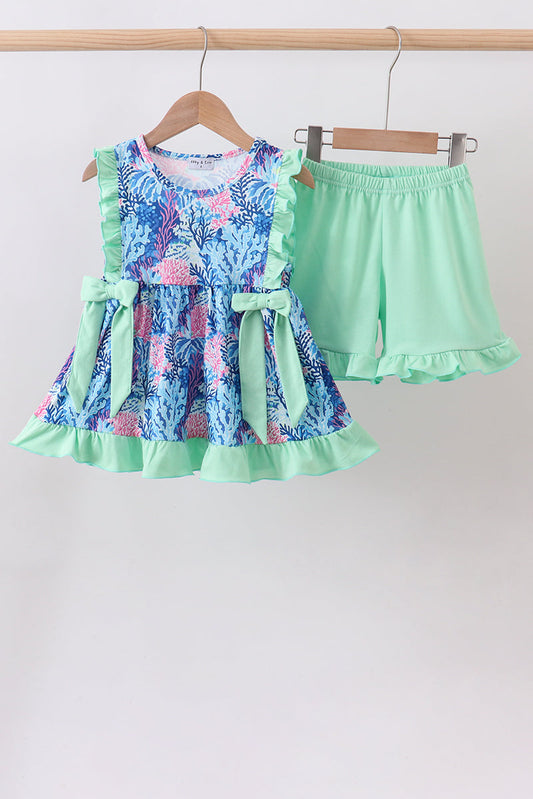 Blue marine creature print ruffle shorts set