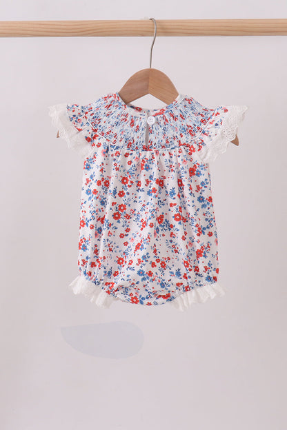 Blue floral lace smocked bubble