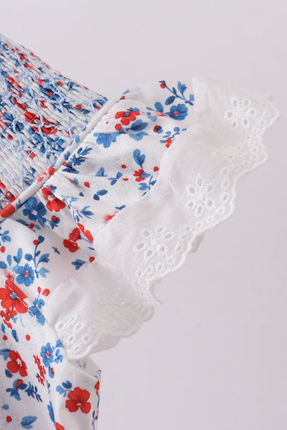 Blue floral lace smocked dress