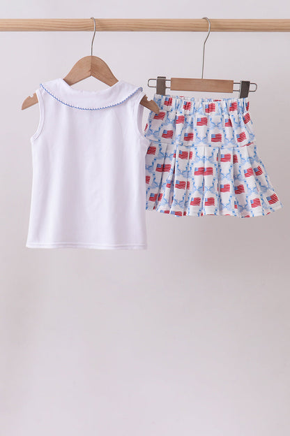 Blue flag embroidery skort set