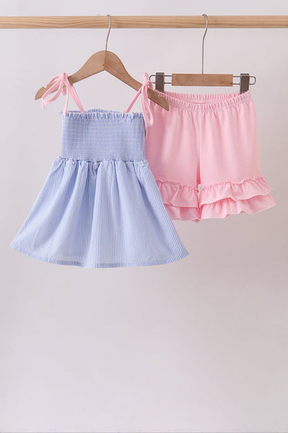 Blue Stripe Bow Smocked Seersucker Ruffle Shorts Set