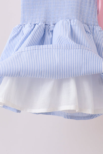 Blue Stripe Bow Smocked Seersucker Ruffle Shorts Set