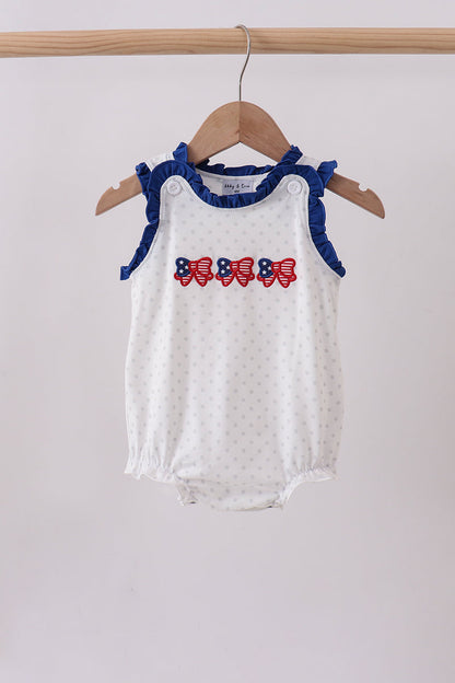 Navy bow applique ruffle bubble