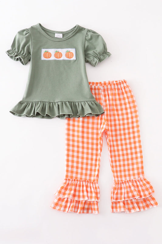 Sage pumpkin embroidery girl set