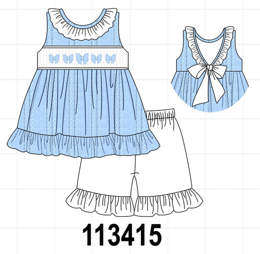 Blue Bow Smocked Embroidered Jacquard Set