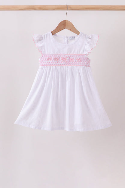 White Bow Smocked Jacquard Dress