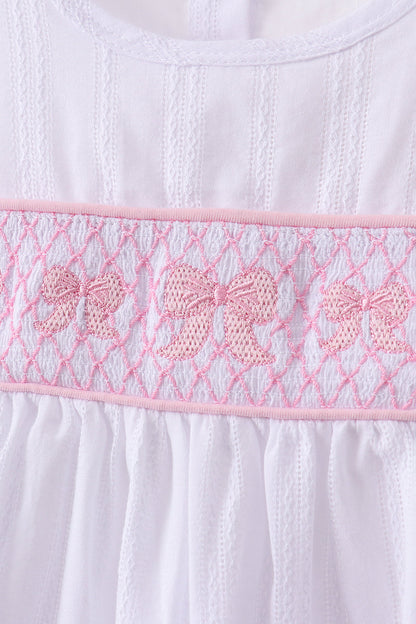 White Bow Smocked Jacquard Ruffle Shorts Set