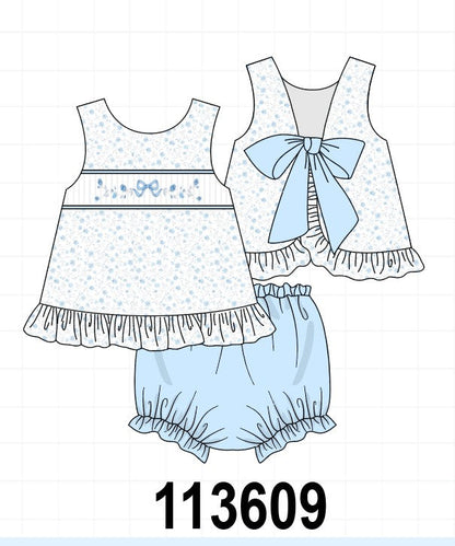 Blue Floral Smocked Ruffle Bloomer Set