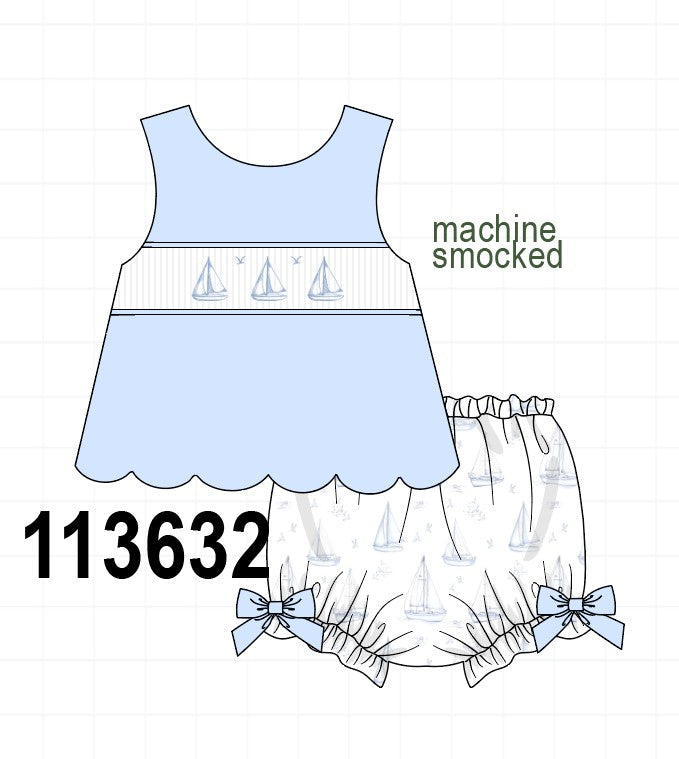 Blue Sailboat Smocked Scalloped Bloomer Set