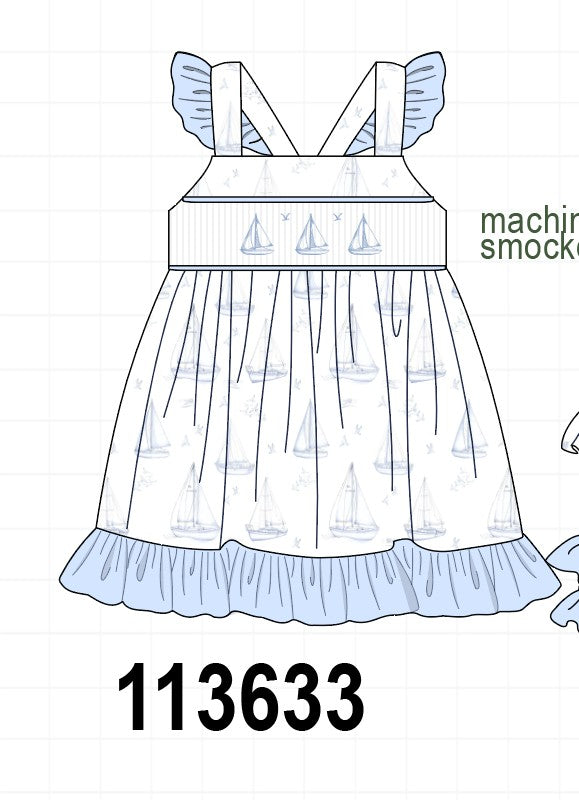 Blue Sailboat Smocked Ruffle Dress