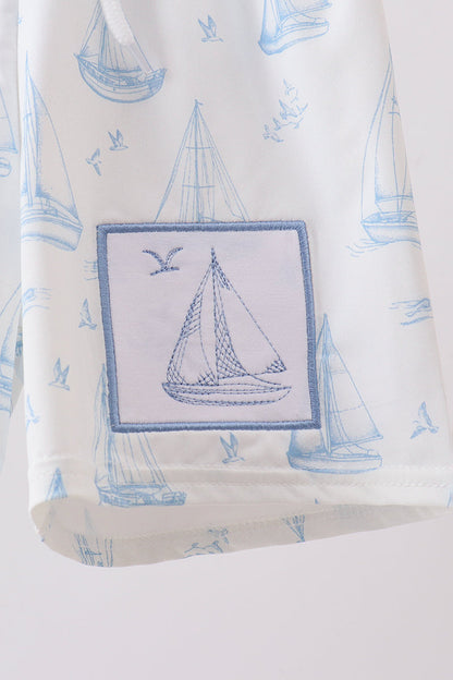 Blue Sailboat Embroidered Swim Trunks