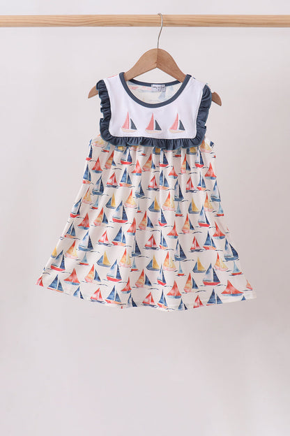 Blue Sailboat Embroidered Dress