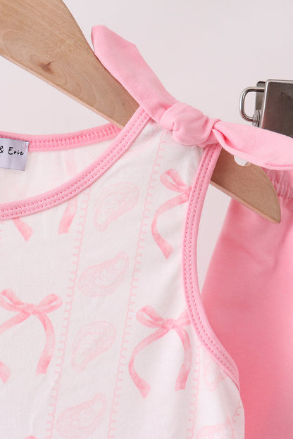 Pink Bow Print Ruffle Shorts Set