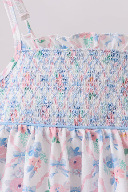 Blue Floral Smocked Bloomer Set