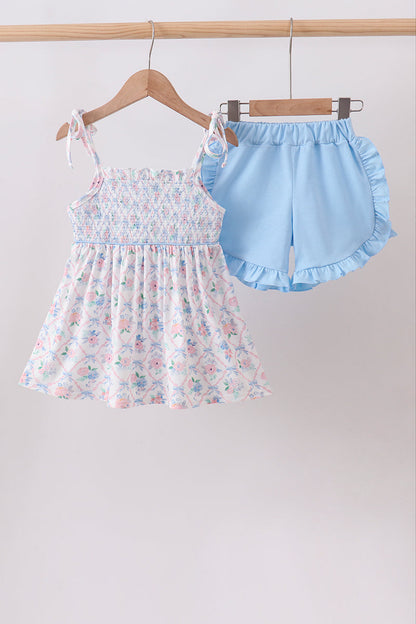 Blue Floral Smocked Ruffle Shorts Set