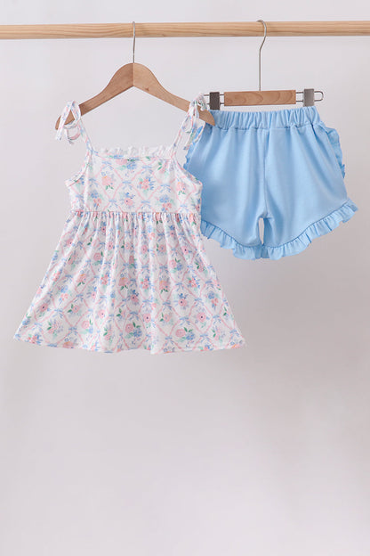 Blue Floral Smocked Ruffle Shorts Set