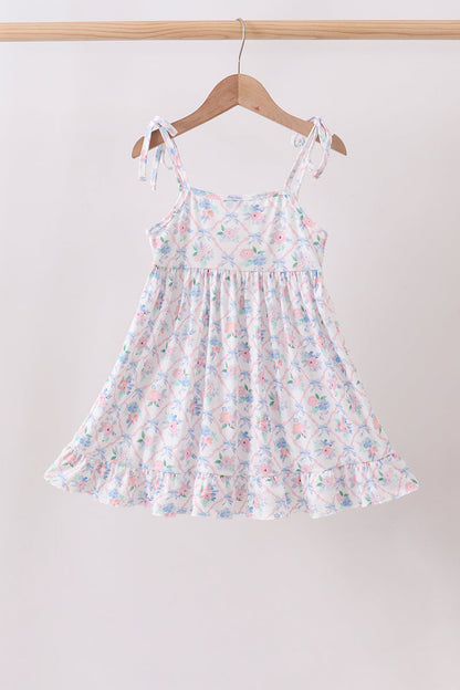 Blue Floral Smocked Ruffle Dress