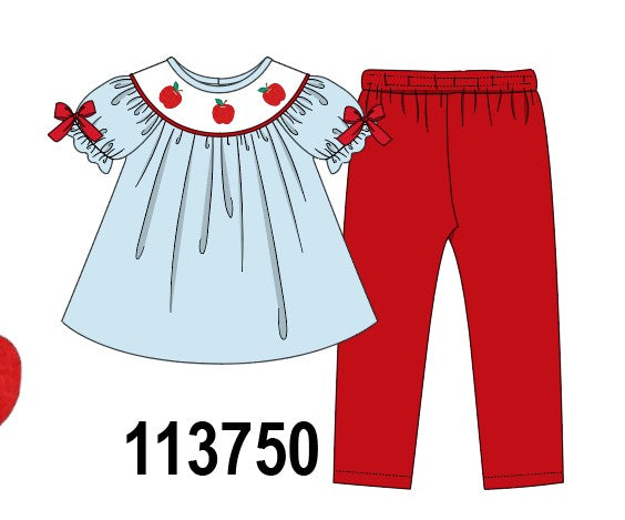 Blue Apple Embroidered Pants Set