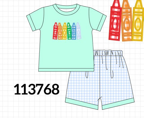 Mint Crayon Applique Gingham Shorts Set